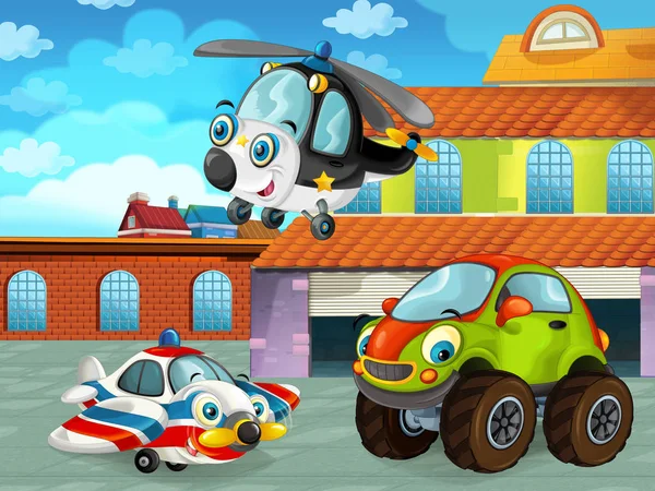 Kreslená scéna s automobilem na silnici v blízkosti garáže nebo opravny a vrtulníku létání - ilustrace pro děti — Stock fotografie