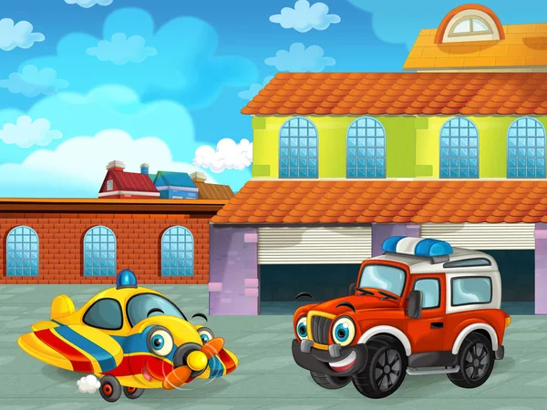 Cartoon-Szene mit Auto auf der Straße in der Nähe der Garage oder Reparaturstation und Flugzeug - Illustration für Kinder — Stockfoto