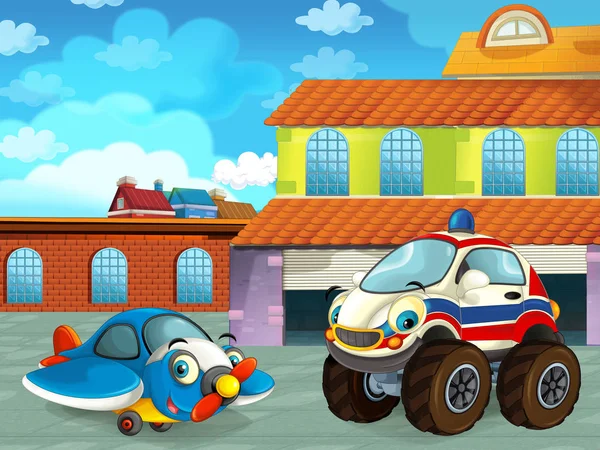 Escena de dibujos animados con vehículo de coche en la carretera cerca del garaje o estación de reparación y avión - ilustración para los niños — Foto de Stock
