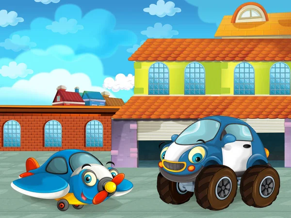 Cena dos desenhos animados com veículo de carro na estrada perto da garagem ou estação de reparação e avião - ilustração para crianças — Fotografia de Stock