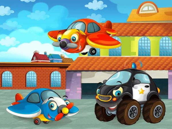 Scena del cartone animato con veicolo per auto sulla strada vicino al garage o alla stazione di riparazione e volo aereo - illustrazione per bambini — Foto Stock