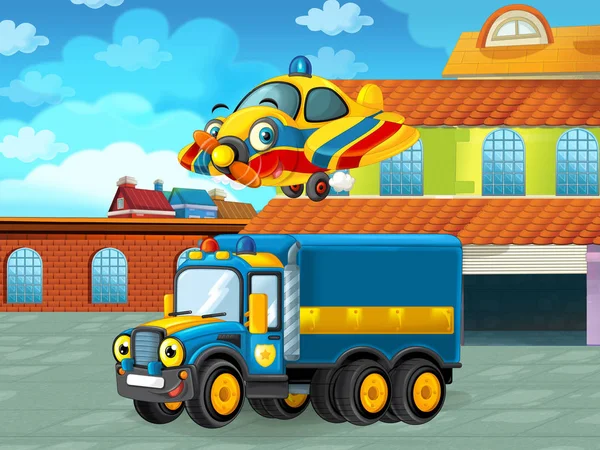Cartoon scene with fireman car vehicle on the road near the fire station  with firemen - illustration for children Stock Photo by ©illustrator_hft  325801678