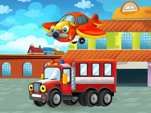 Scène de dessin animé avec véhicule automobile sur la route près du garage ou de la station de réparation et de l'avion - illustration pour les enfants — Photo