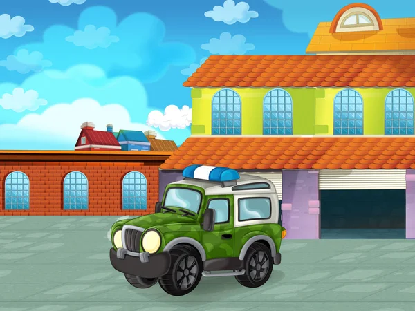 Scène de dessin animé avec véhicule d'avion sur la route près du garage ou de la station de réparation illustration pour les enfants — Photo