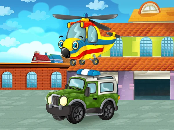 Cena dos desenhos animados com veículo de avião na estrada perto da garagem ou estação de reparação e helicóptero voando - ilustração para crianças — Fotografia de Stock