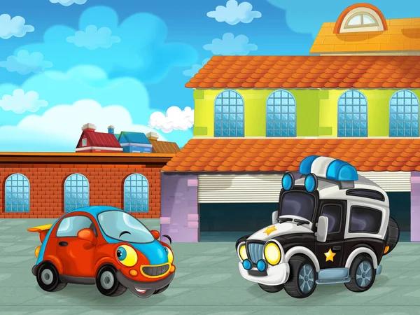 Мультяшна сцена з автомобілем на дорозі біля гаража або ремонтної станції - ілюстрація для дітей — стокове фото