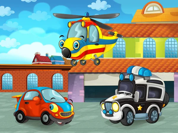 Tecknad scen med bil fordon på vägen nära garaget eller reparationsstation med plan och helikopter - illustration för barn — Stockfoto