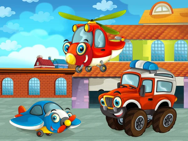 Scena z kreskówek z samochodem na drodze w pobliżu garażu lub stacji naprawczej z samolotem i helikopterem - ilustracja dla dzieci — Zdjęcie stockowe