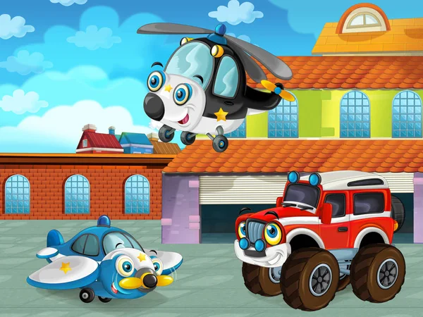Scena z kreskówek z samochodem na drodze w pobliżu garażu lub stacji naprawczej z samolotem i helikopterem - ilustracja dla dzieci — Zdjęcie stockowe