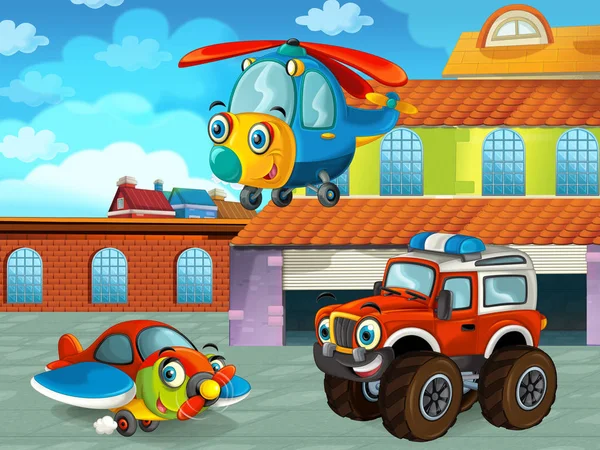 Escena de dibujos animados con vehículo en la carretera cerca del garaje o estación de reparación con avión y helicóptero - ilustración para niños — Foto de Stock