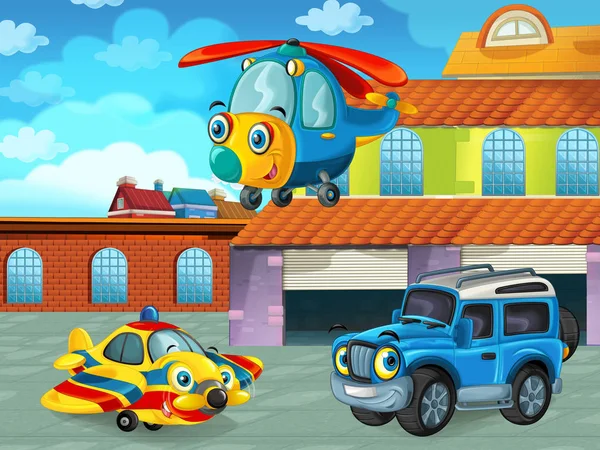 Kreslená scéna s automobilem na silnici u garáže nebo opravny s letadlem a vrtulníkem - ilustrace pro děti — Stock fotografie