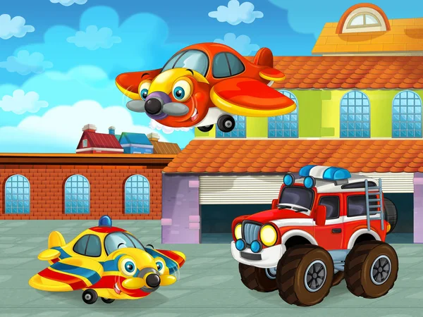 Scena del cartone animato con veicolo per auto sulla strada vicino al garage o alla stazione di riparazione con aereo - illustrazione per bambini — Foto Stock