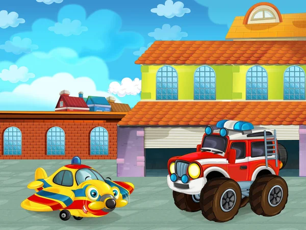 Мультипликационная сцена с автомобилем на дороге возле гаража или ремонтной станции с самолетом - иллюстрация для детей — стоковое фото