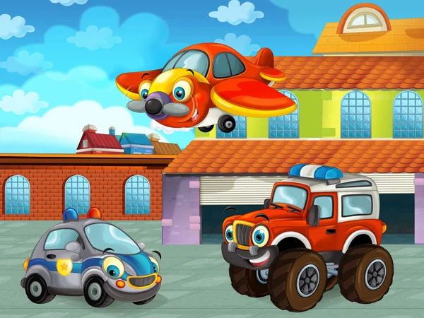 Scena z kreskówek z samochodem na drodze w pobliżu garażu lub stacji naprawczej z samolotem - ilustracja dla dzieci — Zdjęcie stockowe