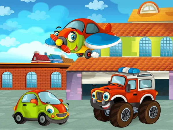 Cena dos desenhos animados com veículo de carro na estrada perto da garagem ou estação de reparação com avião - ilustração para crianças — Fotografia de Stock