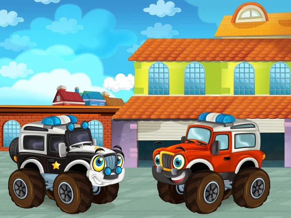 Escena de dibujos animados con vehículo de coche en la carretera cerca del garaje o estación de reparación - ilustración para los niños —  Fotos de Stock