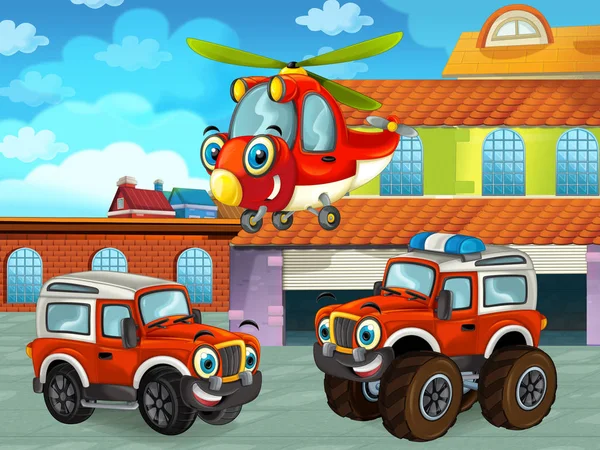 ガレージの近くの道路上の車やヘリコプターで駅を修復する漫画シーン-子供のためのイラスト — ストック写真