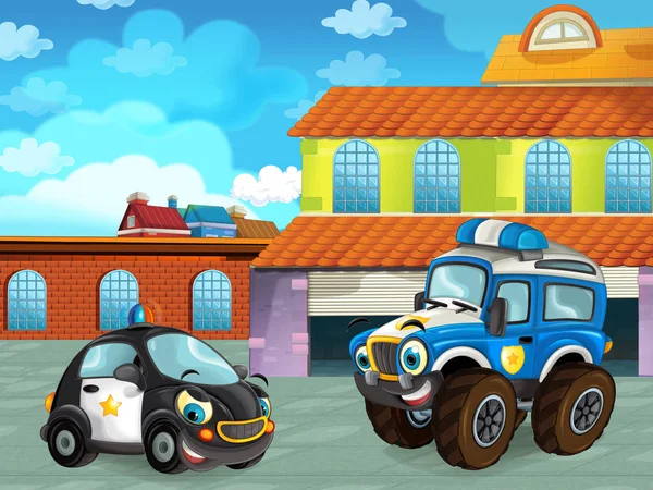 Scène de dessin animé avec véhicule automobile sur la route près du garage ou de la station de réparation illustration pour les enfants — Photo