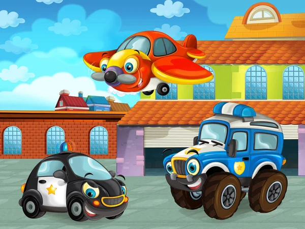 Kreslená scéna s automobilem na silnici u garáže nebo opravny s letadlem - ilustrace pro děti — Stock fotografie