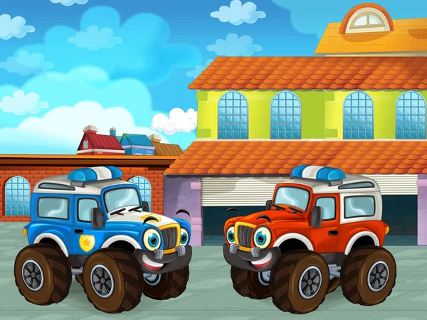 Cartoon scene with car vehicle on the road near the garage or repair station - illustration for children — Stock Photo, Image