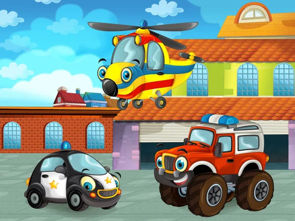 Scena z kreskówek z samochodem na drodze w pobliżu garażu lub stacji naprawczej z helikopterem - ilustracja dla dzieci — Zdjęcie stockowe