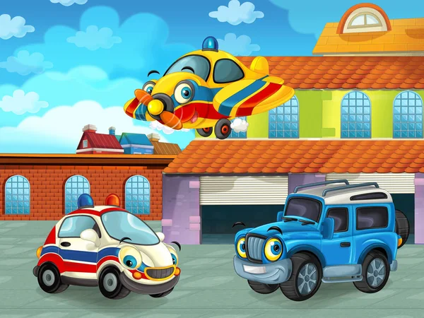 Escena de dibujos animados con vehículo de coche en la carretera cerca del garaje o estación de reparación con avión - ilustración para los niños —  Fotos de Stock