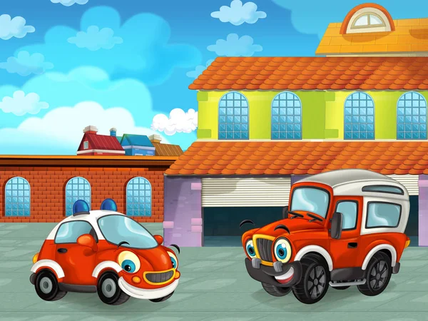 Cartoon scene with car vehicle on the road near the garage or repair station - illustration for children — ストック写真