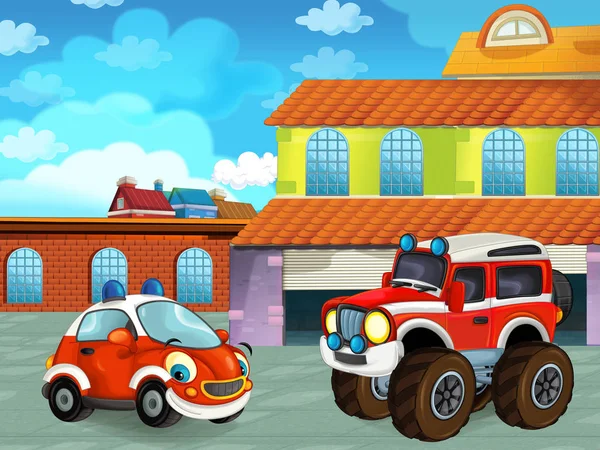 Мультипликационная сцена с автомобилем на дороге возле гаража или ремонтной станции - иллюстрация для детей — стоковое фото