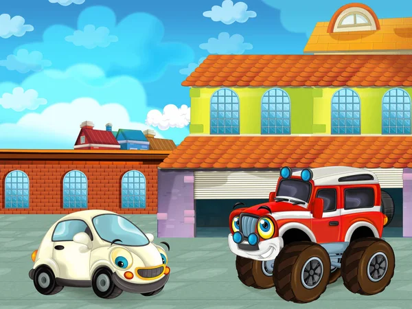 Zeichentrickszene mit Auto auf der Straße in der Nähe der Garage oder Reparaturstation - Illustration für Kinder — Stockfoto