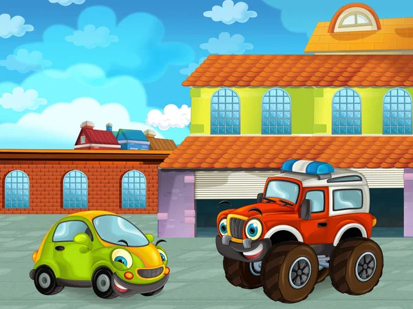 Мультяшна сцена з автомобілем на дорозі біля гаража або ремонтної станції - ілюстрація для дітей — стокове фото