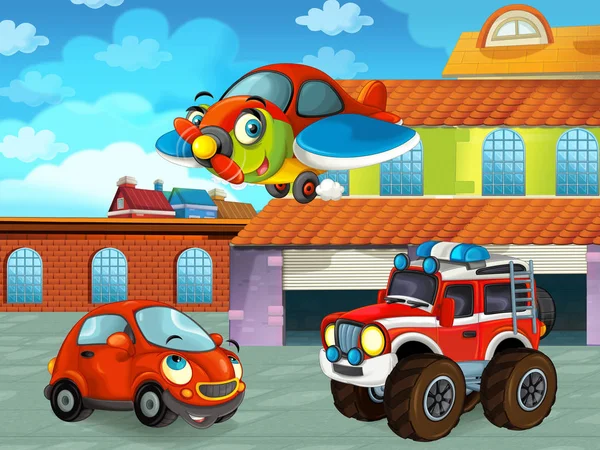 Cena dos desenhos animados com veículo de carro na estrada perto da garagem ou estação de reparação com avião - ilustração para crianças — Fotografia de Stock