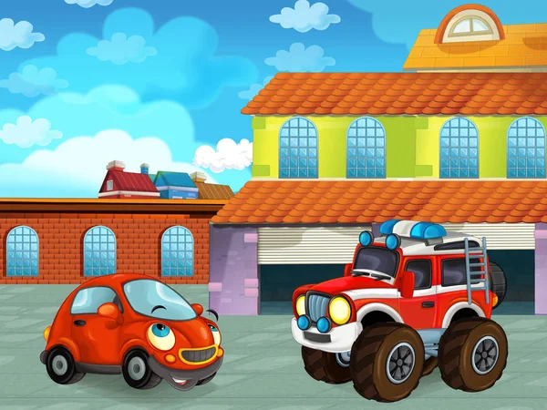 Cartoon scene with car vehicle on the road near the garage or repair station - illustration for children — Stock Photo, Image