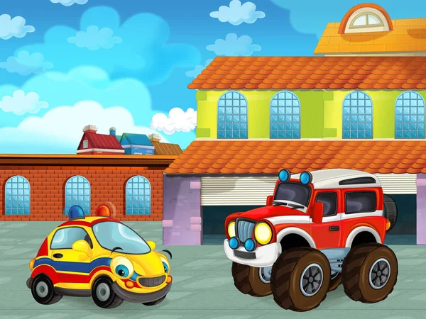 Мультипликационная сцена с автомобилем на дороге возле гаража или ремонтной станции - иллюстрация для детей — стоковое фото