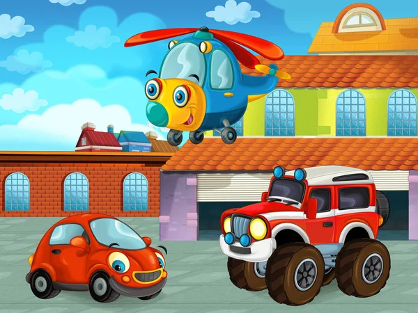 Zeichentrickszene mit Auto auf der Straße in der Nähe der Garage oder Reparaturstation mit Hubschrauber - Illustration für Kinder — Stockfoto