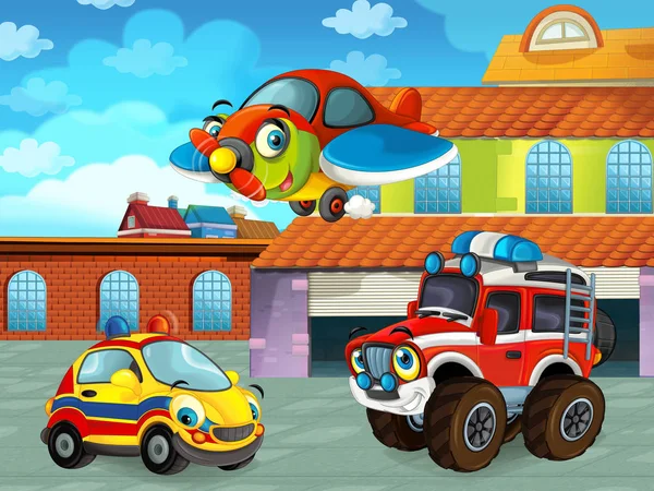 Escena de dibujos animados con vehículo de coche en la carretera cerca del garaje o estación de reparación con avión - ilustración para los niños — Foto de Stock