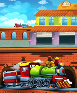 Şehrin yakınındaki tren istasyonunda çizgi film komik görünümlü tren - çocuklar için illüstrasyon