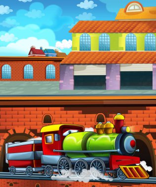 Şehrin yakınındaki tren istasyonunda çizgi film komik görünümlü tren - çocuklar için illüstrasyon