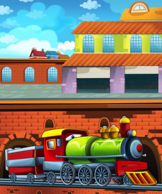 Şehrin yakınındaki tren istasyonunda çizgi film komik görünümlü tren - çocuklar için illüstrasyon
