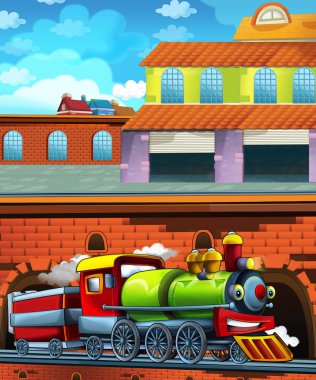 Şehrin yakınındaki tren istasyonunda çizgi film komik görünümlü tren - çocuklar için illüstrasyon