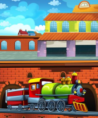 Şehrin yakınındaki tren istasyonunda çizgi film komik görünümlü tren - çocuklar için illüstrasyon