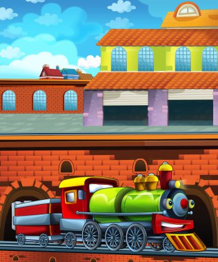 Şehrin yakınındaki tren istasyonunda çizgi film komik görünümlü tren - çocuklar için illüstrasyon