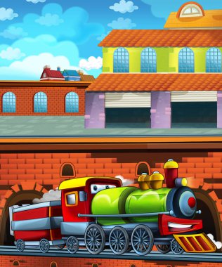 Şehrin yakınındaki tren istasyonunda çizgi film komik görünümlü tren - çocuklar için illüstrasyon