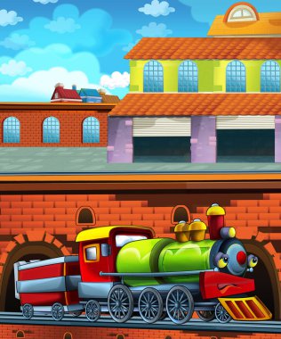 Şehrin yakınındaki tren istasyonunda çizgi film komik görünümlü tren - çocuklar için illüstrasyon
