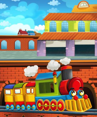 Şehrin yakınındaki tren istasyonunda çizgi film komik görünümlü tren - çocuklar için illüstrasyon