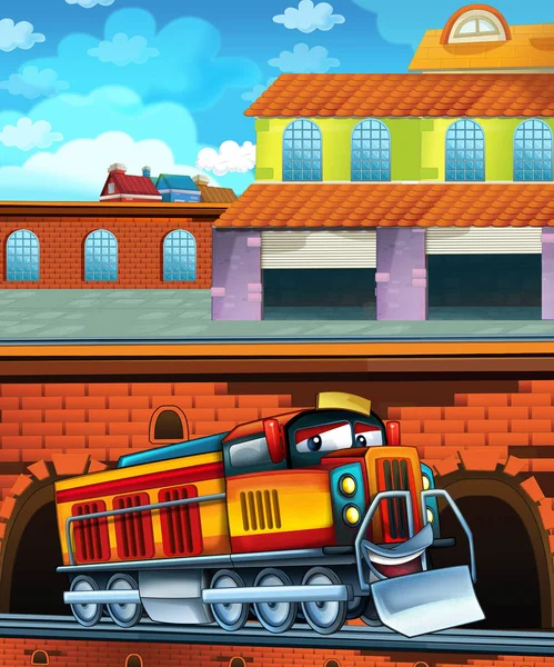 Мультфільм смішний потяг на вокзалі біля міста - ілюстрація для дітей — стокове фото