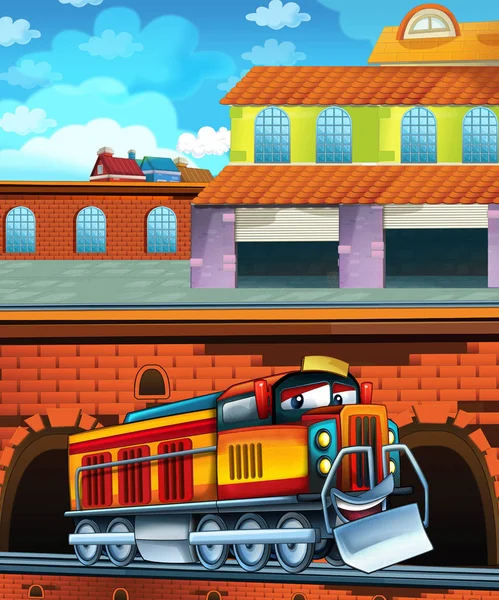 Şehrin yakınındaki tren istasyonunda çizgi film komik görünümlü tren - çocuklar için illüstrasyon — Stok fotoğraf