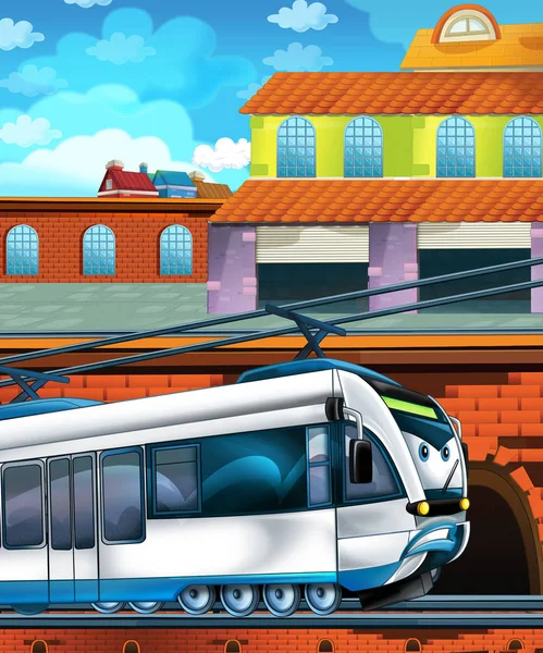 Cartoon funny looking train on the train station near the city - illustration for children — Stock Photo, Image