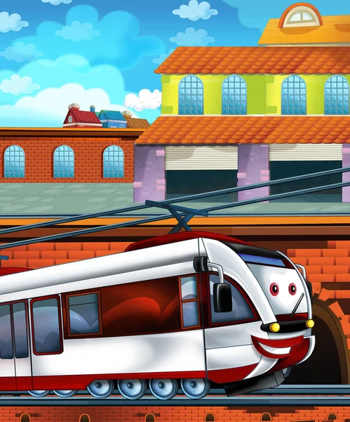 Мультфильм смешно выглядящий поезд на вокзале рядом с городом - иллюстрация для детей — стоковое фото