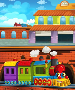 Şehrin yakınındaki tren istasyonunda çizgi film komik görünümlü tren - çocuklar için illüstrasyon