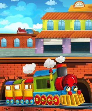 Şehrin yakınındaki tren istasyonunda çizgi film komik görünümlü tren - çocuklar için illüstrasyon
